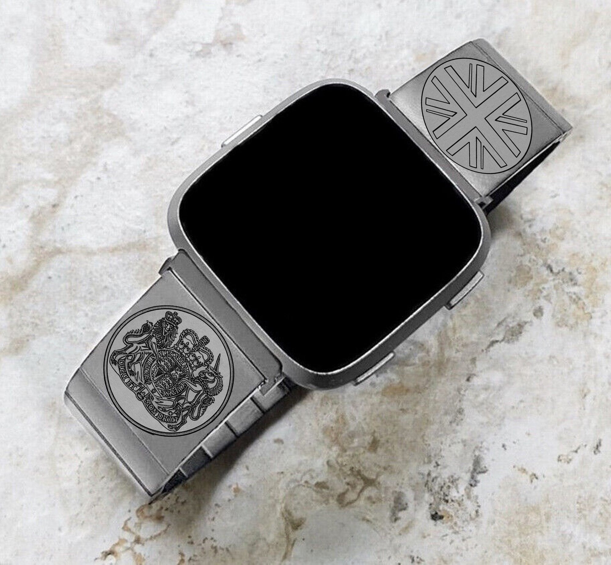 Fitbit Watch Band Great Britain UK Symbols Compatible with Versa Lite 2 3 4 and Sense 1 2 Smartwatches Engraved Silver St Steel Strap UKS